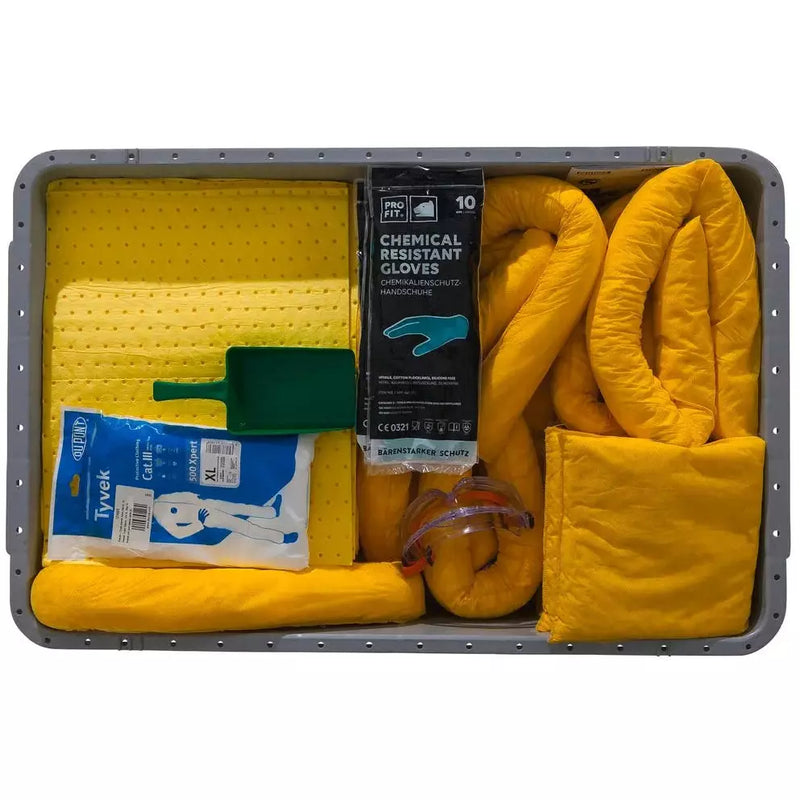 Kit d'urgence DENIOS Densorb dans une boîte à couvercle avec roulettes, version spéciale 