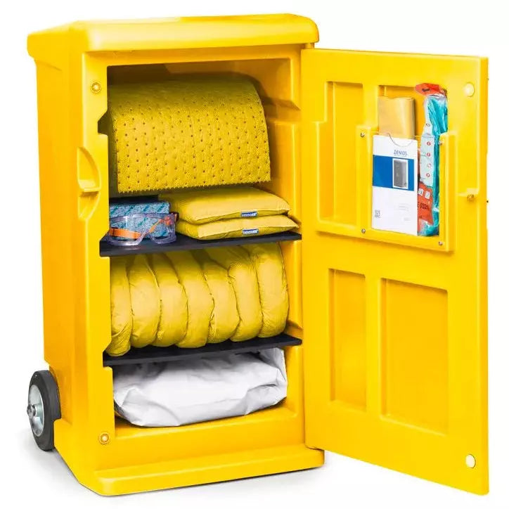 Kit d'urgence mobile DENIOS Densorb, classeur dans un chariot jaune de signalisation de taille moyenne, version spéciale 