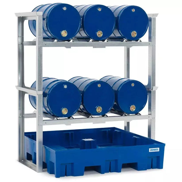 DENIOS vatenrek/vulstation voor 6 vaten van 60 liter, met kunststof bak, 1429 x 1235 x 1637 mm 