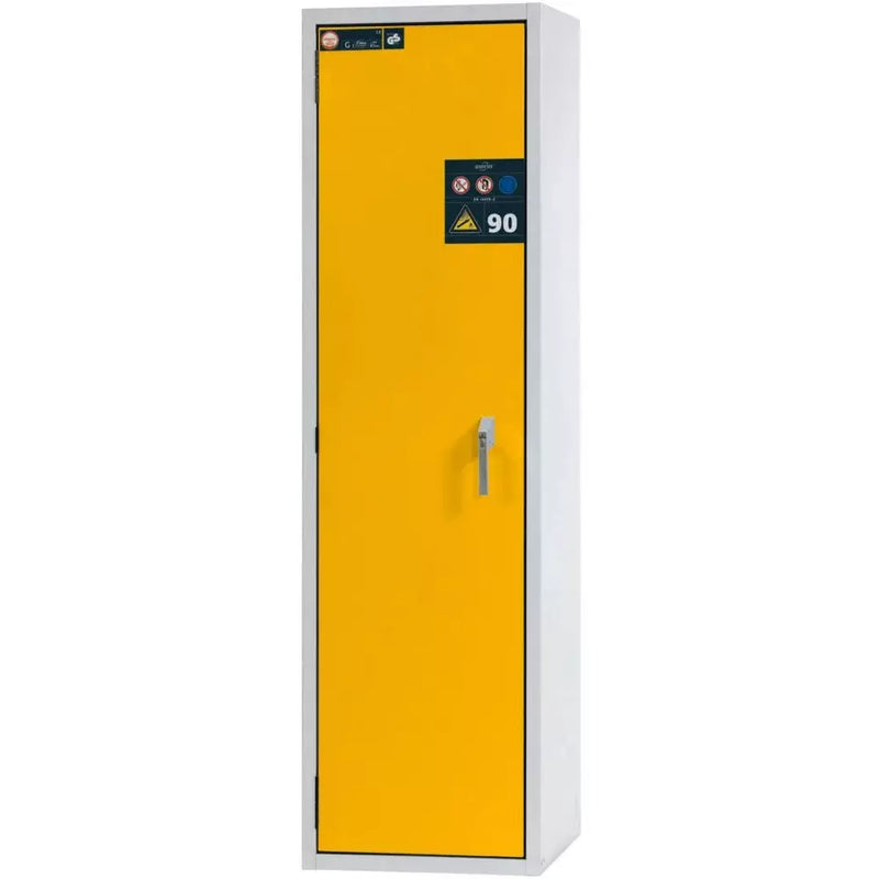 Armoire à bouteilles de gaz coupe-feu DENIOS Asecos G90.6-2f, largeur 600 mm, charnière de porte à gauche, gris/jaune 