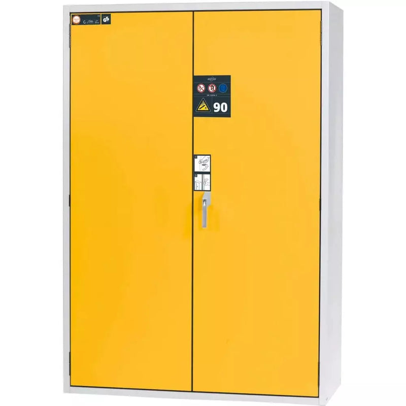 DENIOS Asecos Feuerbeständiger Gasflaschenschrank G90.14, 1400 Mm Breit, 2-flügelige Tür, Grau/gelb