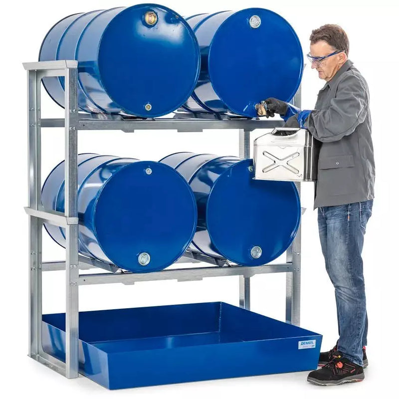 Rack à fûts/station de remplissage DENIOS pour 4 fûts de 200 litres chacun, avec plateau en acier, 1429 x 1210 x 1637 mm 