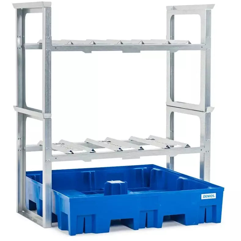 Rack à fûts/station de remplissage DENIOS pour 6 fûts de 60 litres chacun, avec bac en plastique, 1429 x 1235 x 1637 mm 