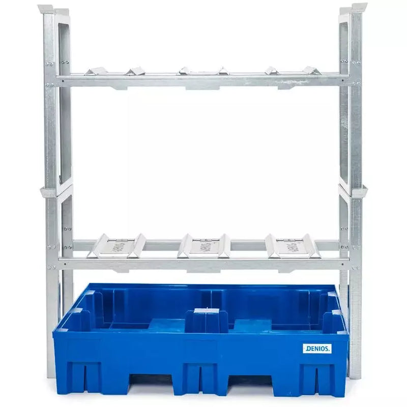 Rack à fûts/station de remplissage DENIOS pour 6 fûts de 60 litres chacun, avec bac en plastique, 1429 x 1235 x 1637 mm 