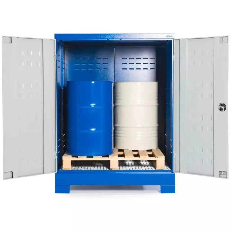 Dépôt de produits dangereux DENIOS Steelsafe D4, avec portes, pour 4 fûts sur palette chimique, 220 litres 