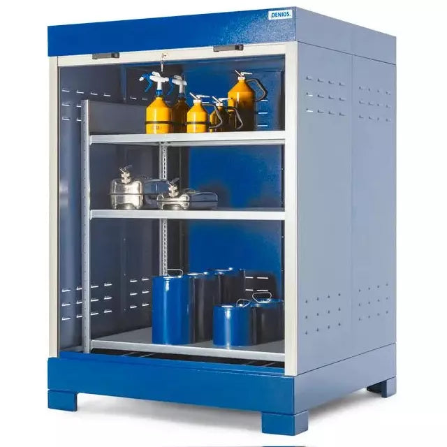 Dépôt de matières dangereuses DENIOS Steelsafe D4, avec volet roulant et étagère en acier pour petits conteneurs, 220 litres 