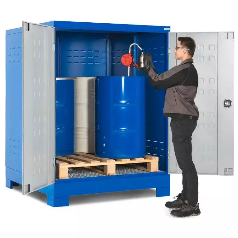 Dépôt de produits dangereux DENIOS Steelsafe D4, avec portes, pour 4 fûts sur palette chimique, 220 litres 