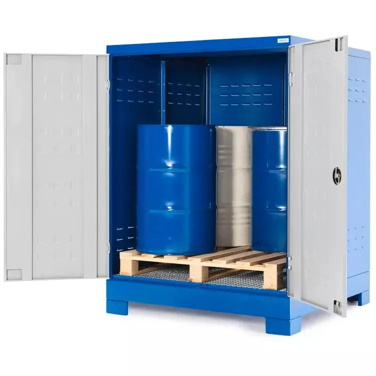 Dépôt de produits dangereux DENIOS Steelsafe D4, avec portes, pour 4 fûts sur palette chimique, 220 litres 