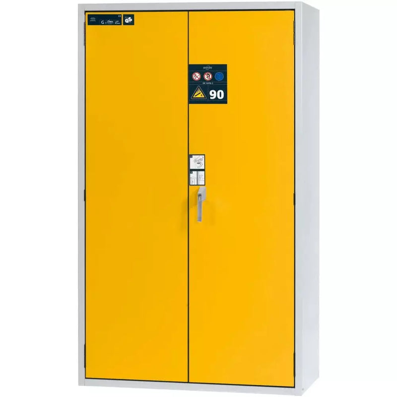 DENIOS Asecos brandwerende gasflessenkast G90.12, 1200 mm breed, 2-vleugelige deur, grijs/geel 