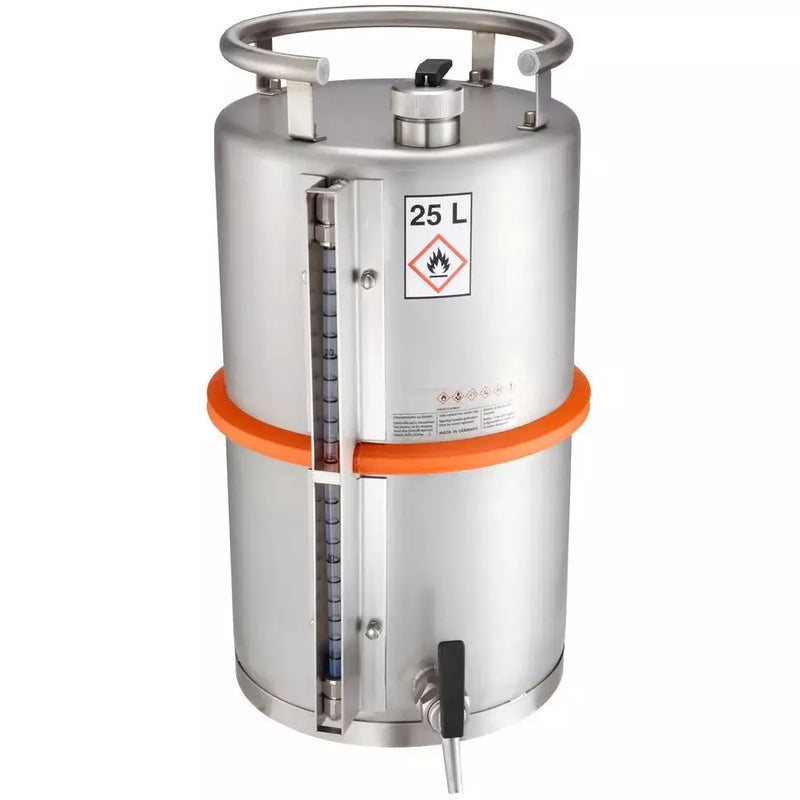 Réservoir de sécurité DENIOS en acier inoxydable, avec robinet 3/4" et indicateur de niveau, volume de 25 litres 