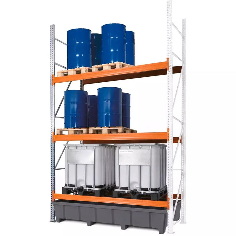 Rayonnage à palettes DENIOS Prp 27.44 pour 9 palettes Euro ou 6 palettes chimiques ou 6 IBC, avec 3 niveaux de stockage, champ d'extension 