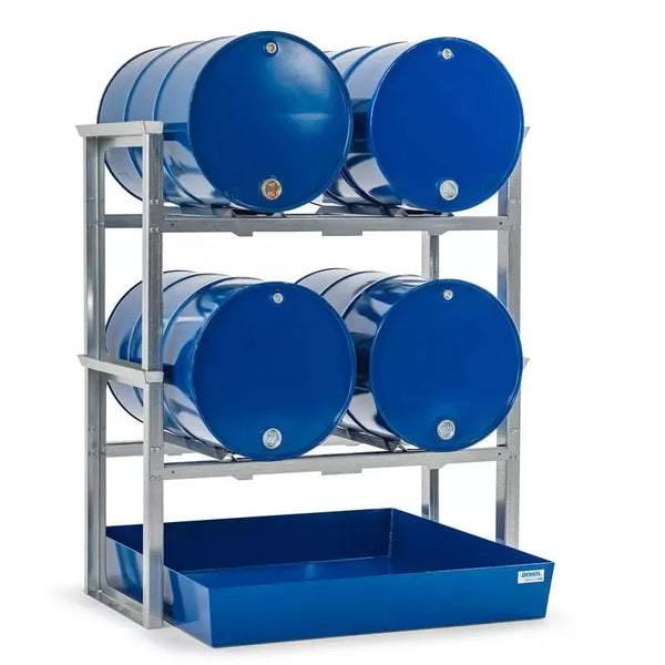 Rack à fûts/station de remplissage DENIOS pour 4 fûts de 200 litres chacun, avec plateau en acier, 1429 x 1210 x 1637 mm 