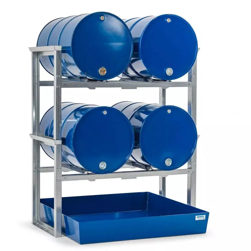 DENIOS vatenrek/vulstation voor 4 vaten van 200 liter, met stalen bak, 1429 x 1210 x 1637 mm 