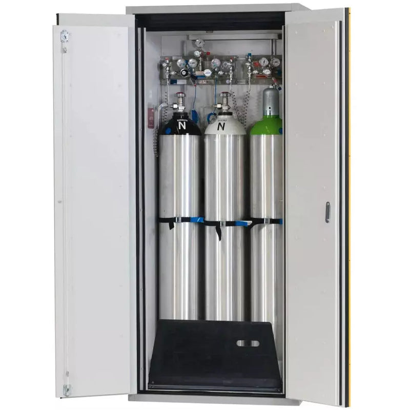 Armoire coupe-feu pour bouteilles de gaz DENIOS Asecos G90.9, largeur 900 mm, porte à 2 battants, gris/jaune 